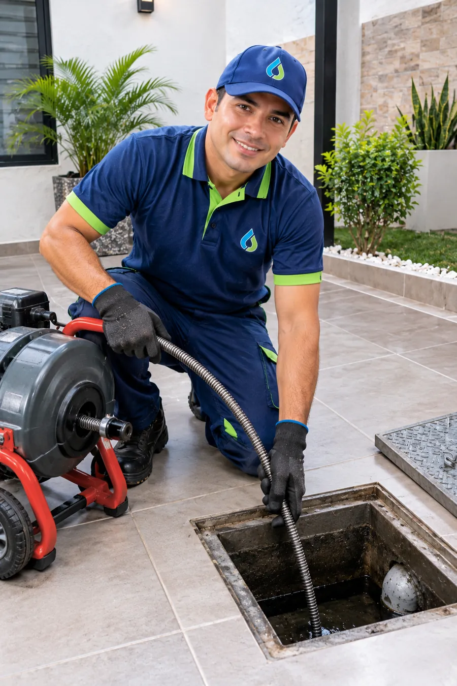 Técnico destapando una caja de inspección con sonda eléctrica