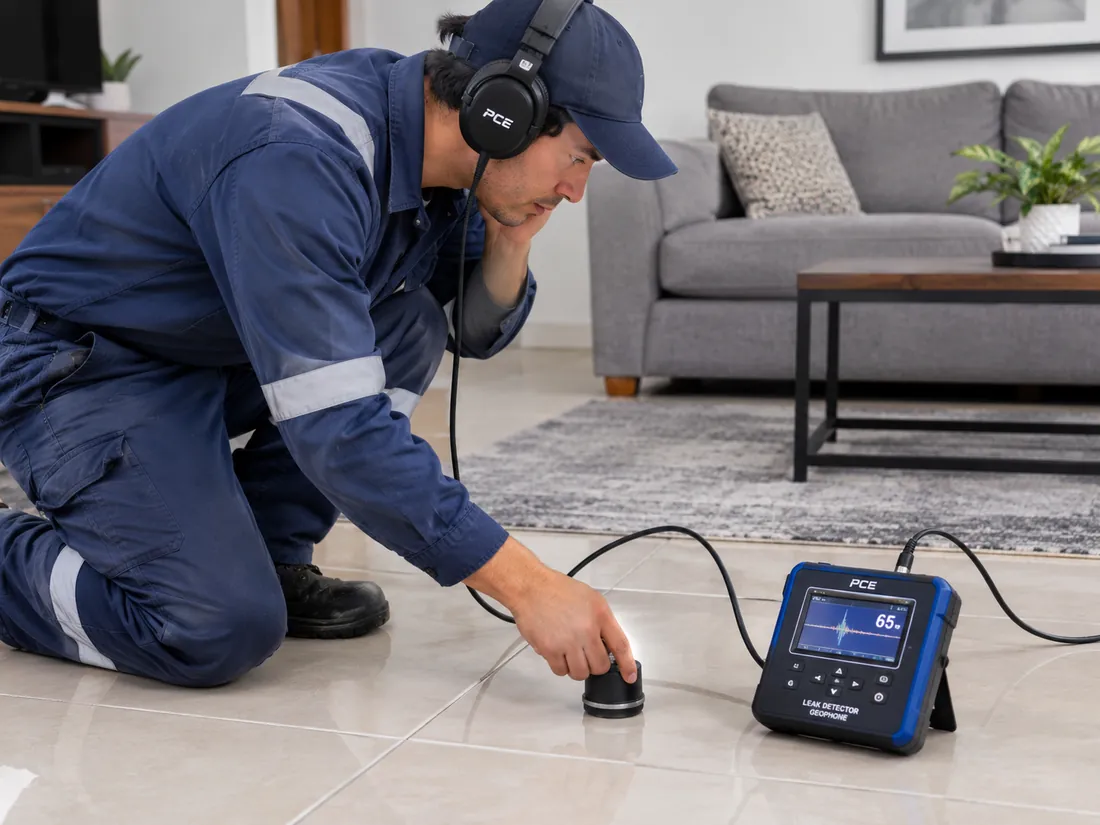 Técnico detectando una fuga oculta con geófono digital