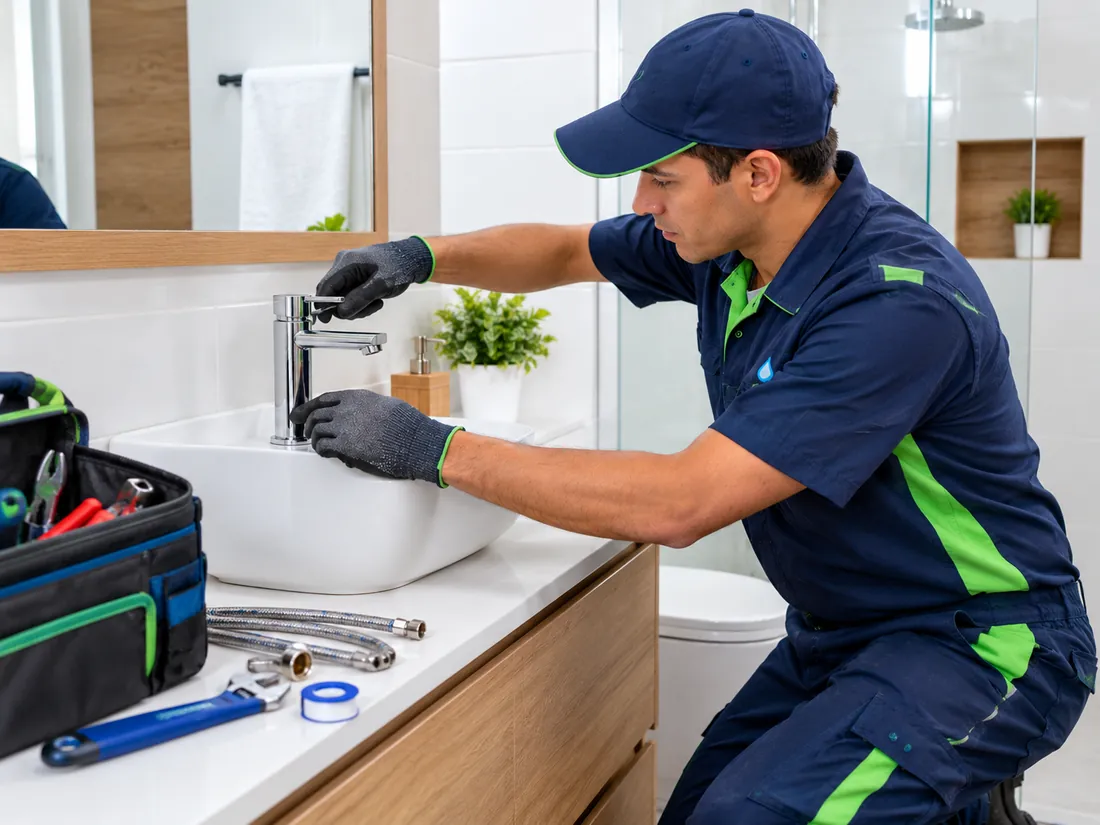 Técnico instalando una grifería en un baño moderno